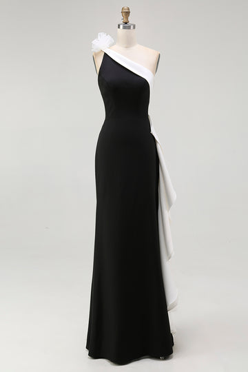 Sheath One Shoulder Black Tie Dress with Flower